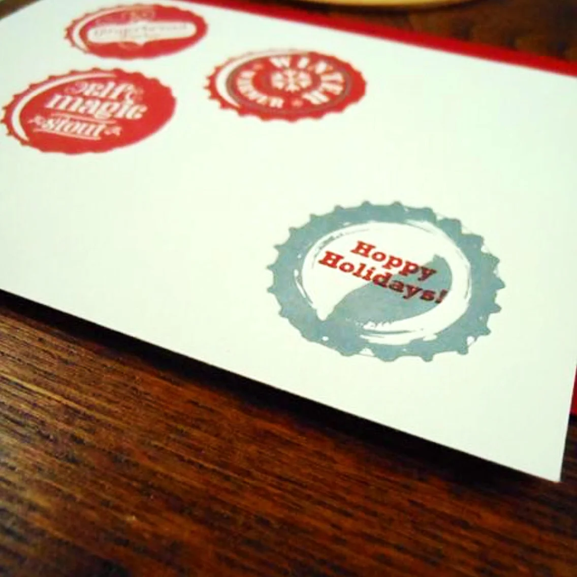 Hoppy Holidays Beer Bottlecaps Letterpress Christmas Card by a.favorite design up close