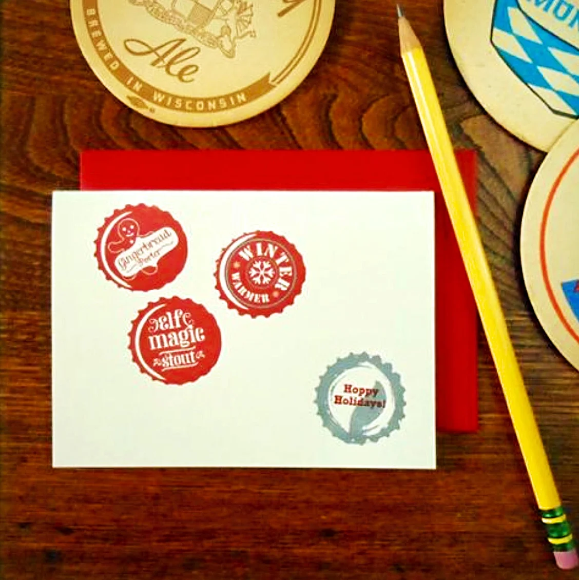Hoppy Holidays Beer Bottlecaps Letterpress Christmas Card by a.favorite design styled