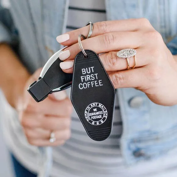 BUT FIRST COFFEE MOTEL KEY TAG KEYCHAIN