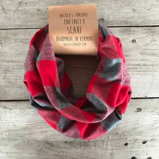 RED AND GRAY BUFFALO PLAID FLANNEL INFINITY SCARF