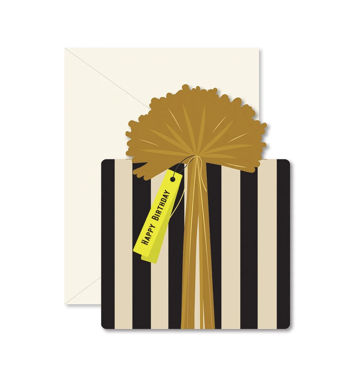 BLACK AND WHITE STRIPED POM POM PRESENT BIRTHDAY CARD