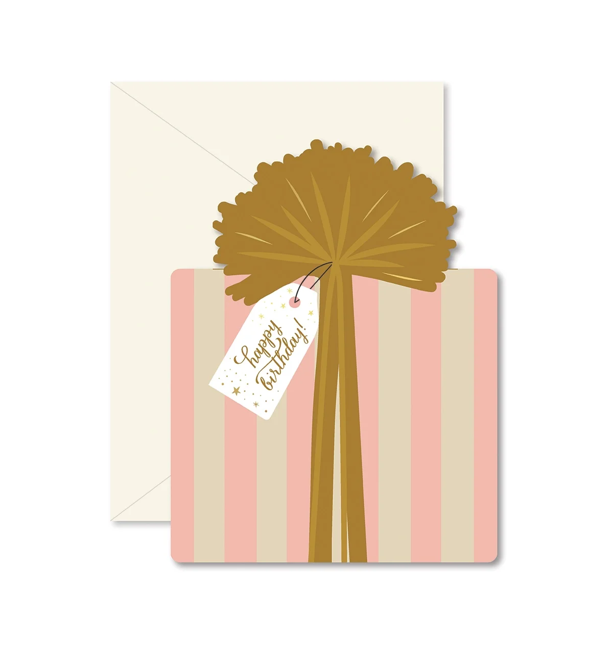 PINK AND WHITE STRIPED POM POM PRESENT BIRTHDAY CARD