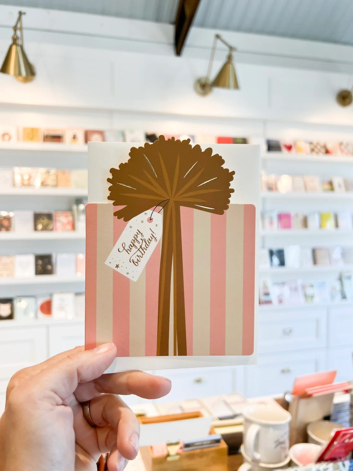 PINK AND WHITE STRIPED POM POM PRESENT BIRTHDAY CARD 2.webp