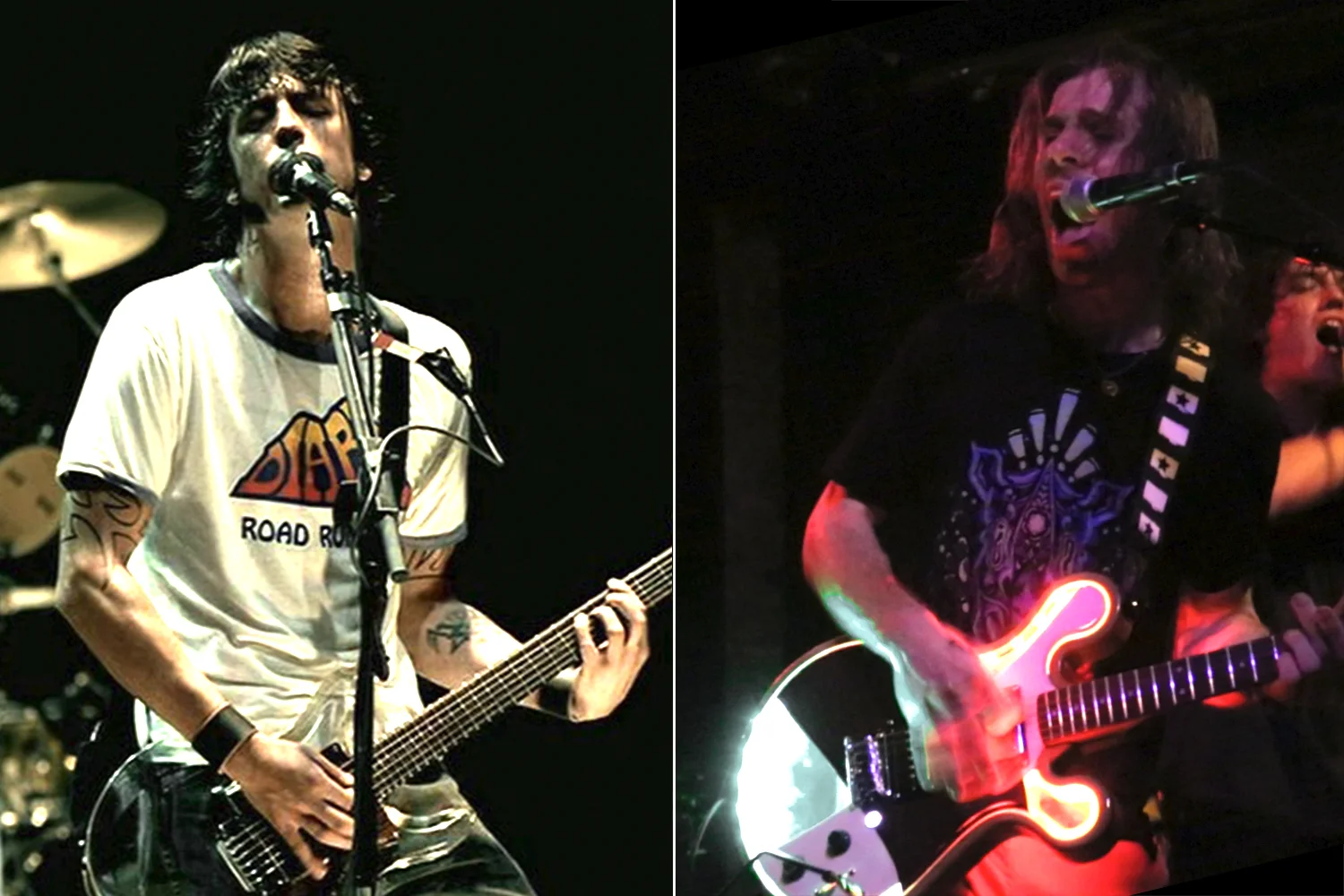 From Left to Right: Dave Grohl Playing his Dan Armstrong Acrilic guitar during the All My Life Foo FIghters VIdeo. Dave Anthony Playing his Gallo Guitar during Nemes' performance at The Great Scott In Boston.