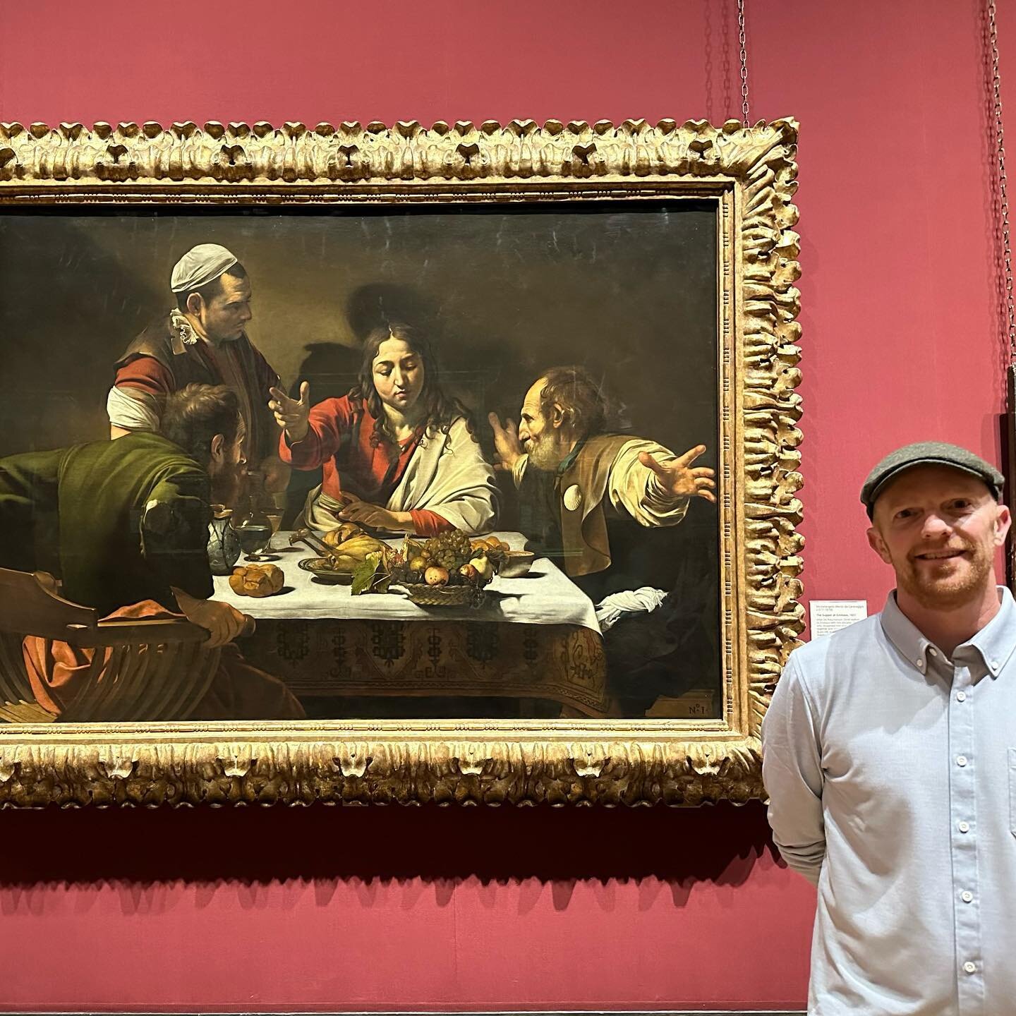 On a recent trip to London, I finally got to see it in person.  Caravaggio&rsquo;s Supper At Emmaus left me with the desire to continue painting on my college interpretation of the iconic piece. (Not sure why Caravaggio painted out the Pabst can in t