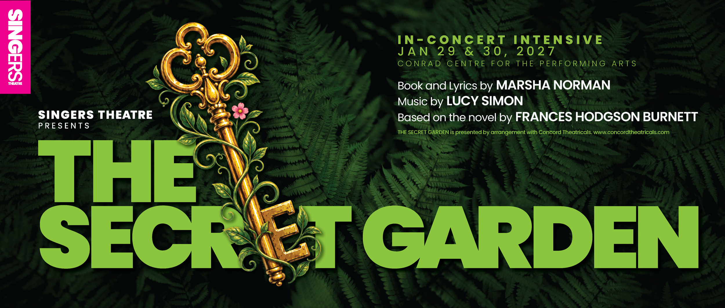 Announcement graphic for The Singer’s Theatre’s In-Concert Intensive presentation of The Secret Garden, featuring author credits for Marsha Norman, Lucy Simon, and Frances Hodgson Burnett, with performance dates January 29 and 30, 2027.