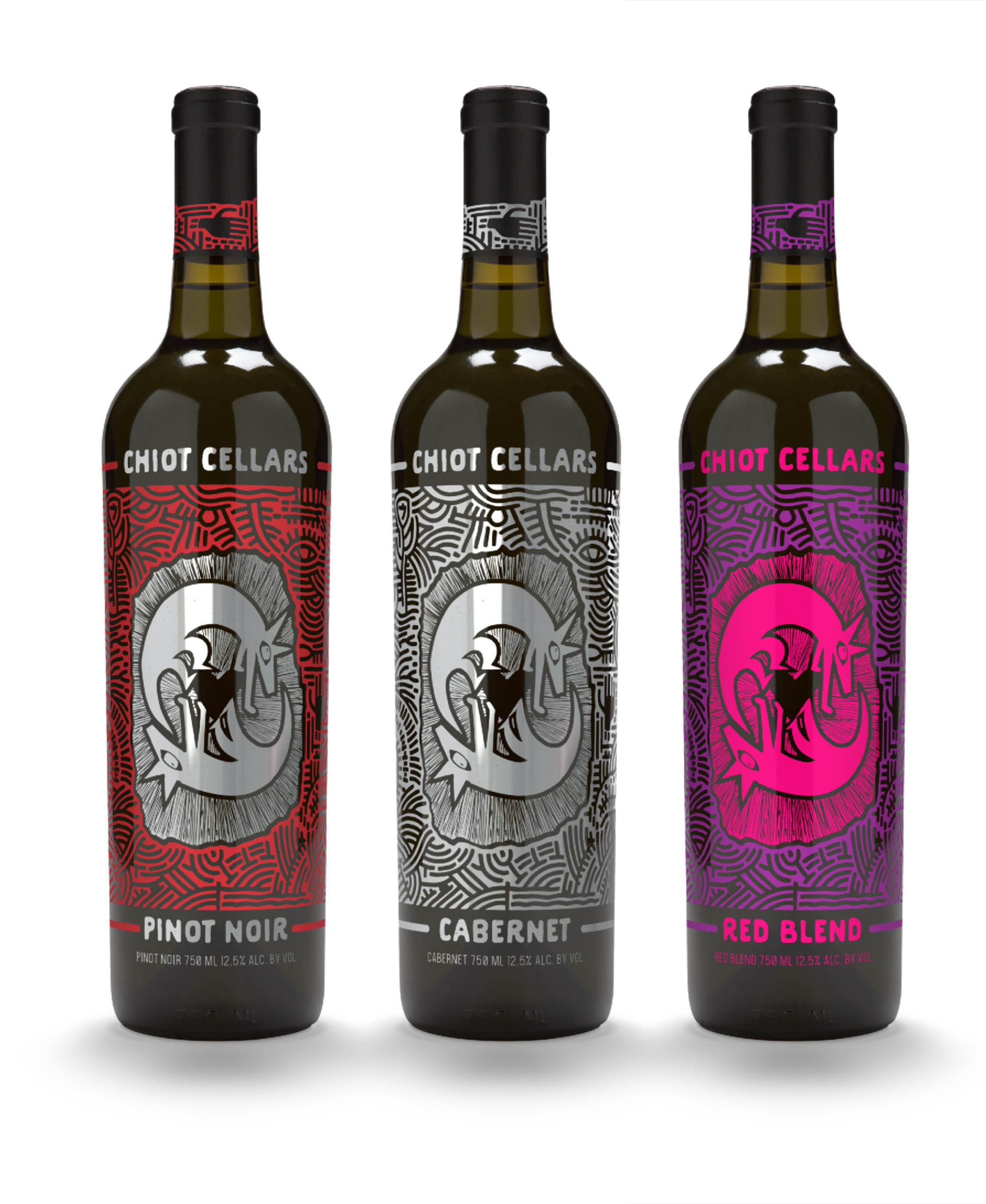 chiot cellars wine labels Linocut style digital illustration of a series of wine labels 