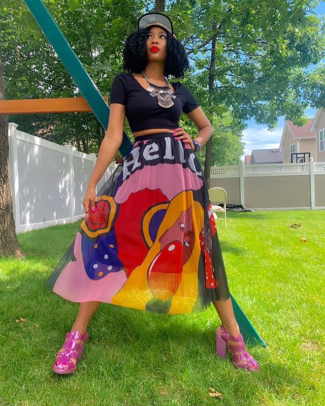 Statement necklace, graphic skirt, visor hat, chunky jello platforms, too much? 🤔 Who cares when it&rsquo;s so much fun? 😊
.
.
.

#funoutfit #standtall #photooftheday #fashioninspo #naijagirl #colorblock #killerpose #stylist #graphicclothing #outfi