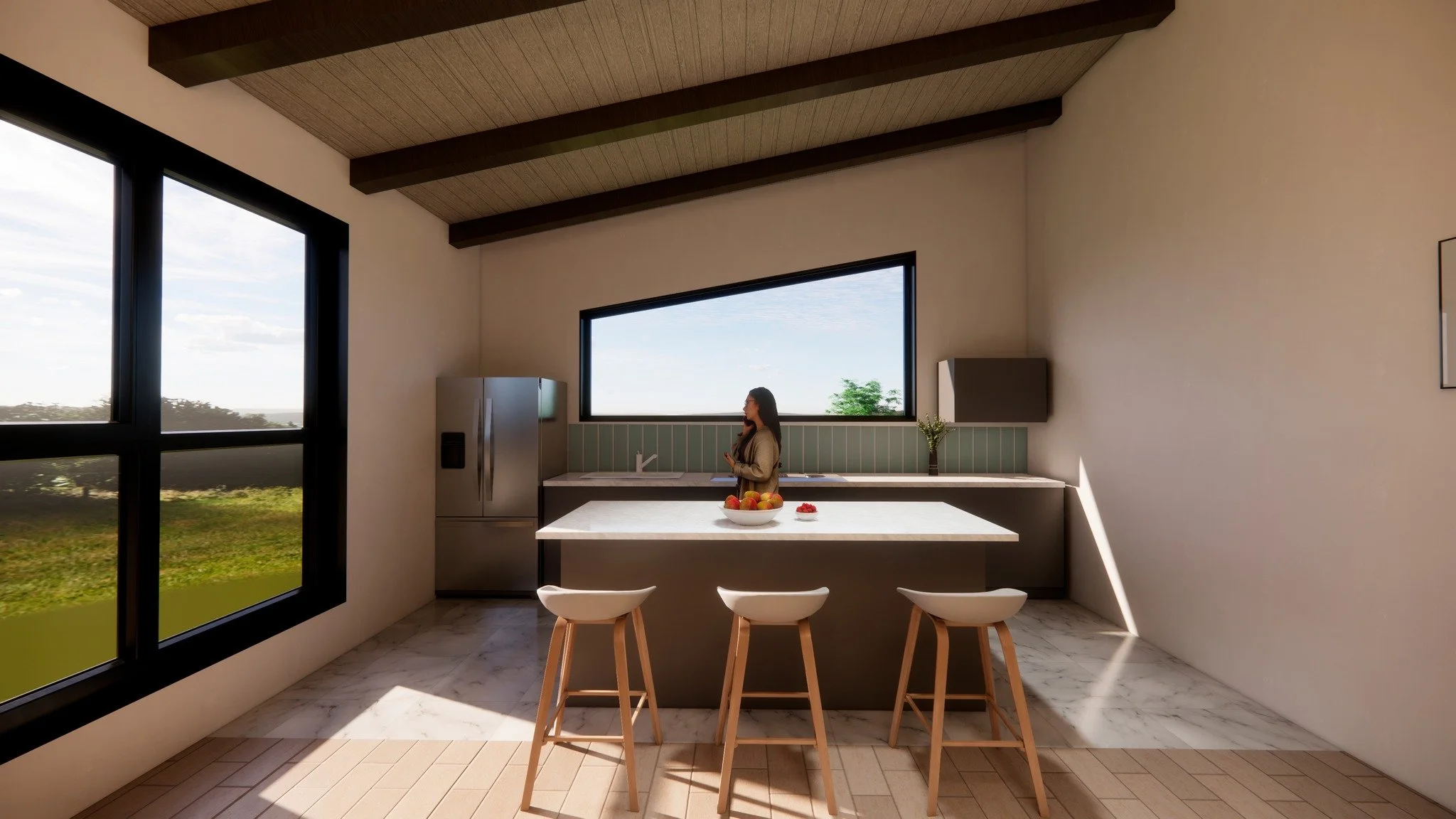 ✨Diseñar esta cocina fue encontrar el equilibrio entre funcionalidad, luz natural y calidez.
👩‍🍳La inclinación del techo, la ventana horizontal y los materiales hacen que cada rincón respire tranquilidad.
🌿Una cocina pens