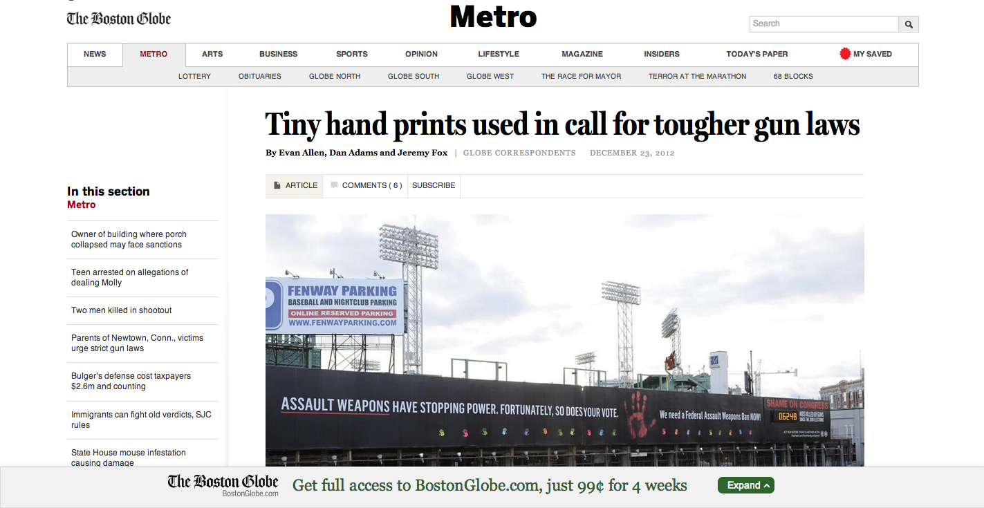 Stop Handgun Violence group remembers Sandy Hook victims on billboard Gun violence group adds 20 childrens hand prints to billboard calling for assault weapons ban - Metro - The Boston Globe_o.png