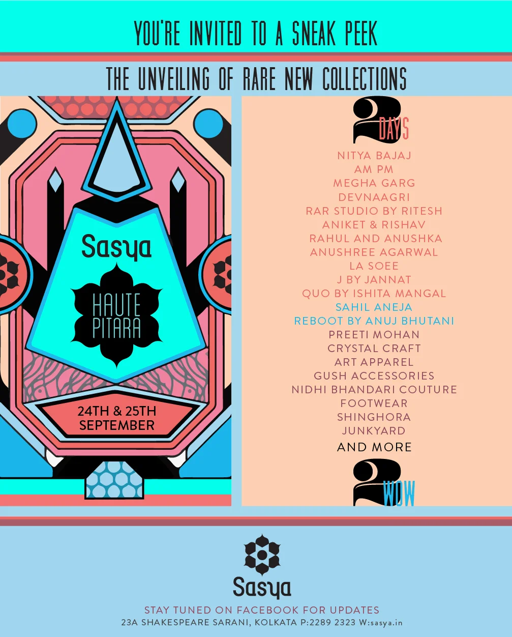 Event invitation poster for Sasya Haute Pitara, revealing new collections on September 24th and 25th, featuring designers and brands, with a colorful geometric design and event details on a pastel background.