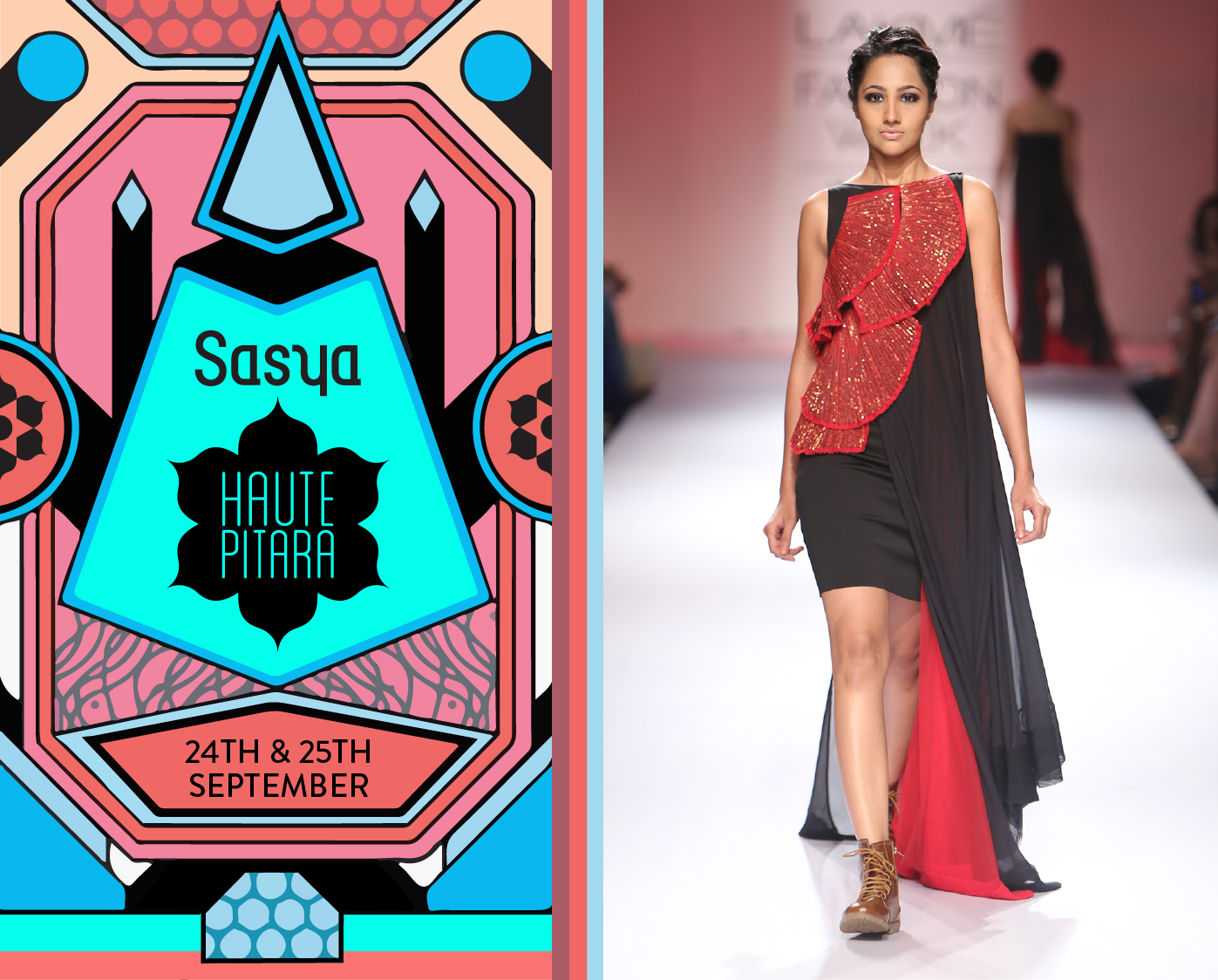 A graphic poster for Sasya Haute Pitara fashion event on September 24th and 25th, featuring bag designs in pink, blue, and black colors, with bold geometric shapes and text.