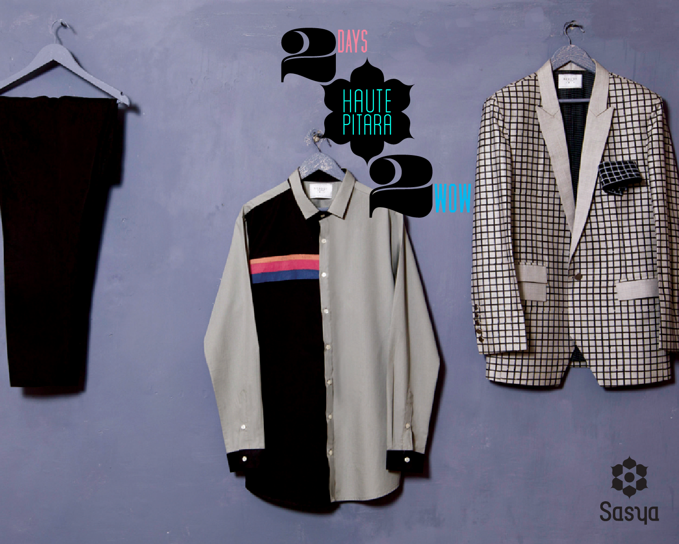 Two men's jackets hanging on a wall, with graphic text overlaid that says '21 days haute pitara wow', and a black logo with the name 'Saaya' in the lower right corner.