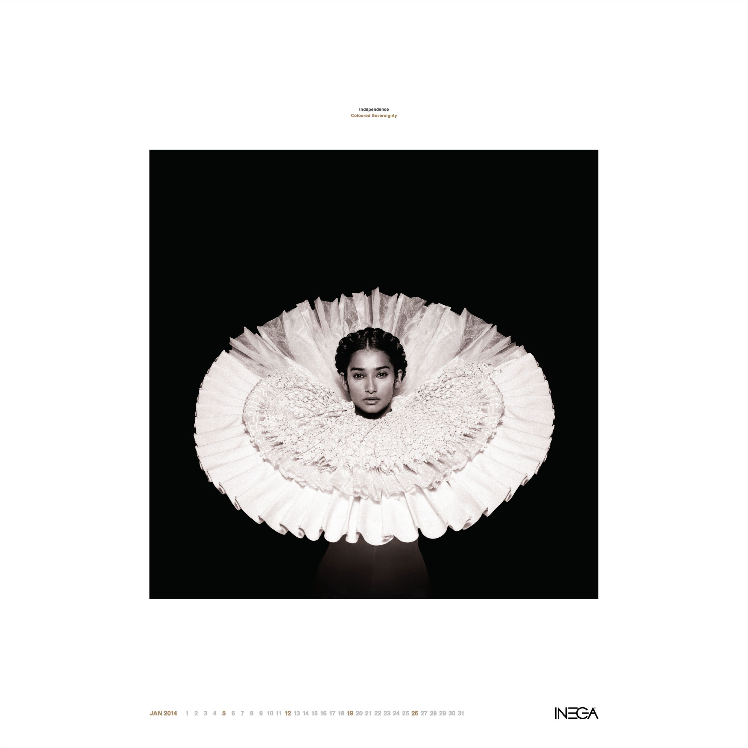 A black and white portrait of a woman with elaborate ruffled collar, centered against a black background with white border, with the word 'Independence' and 'Coloured Sovereignty' above, and the calendar for January 2014 at the bottom.