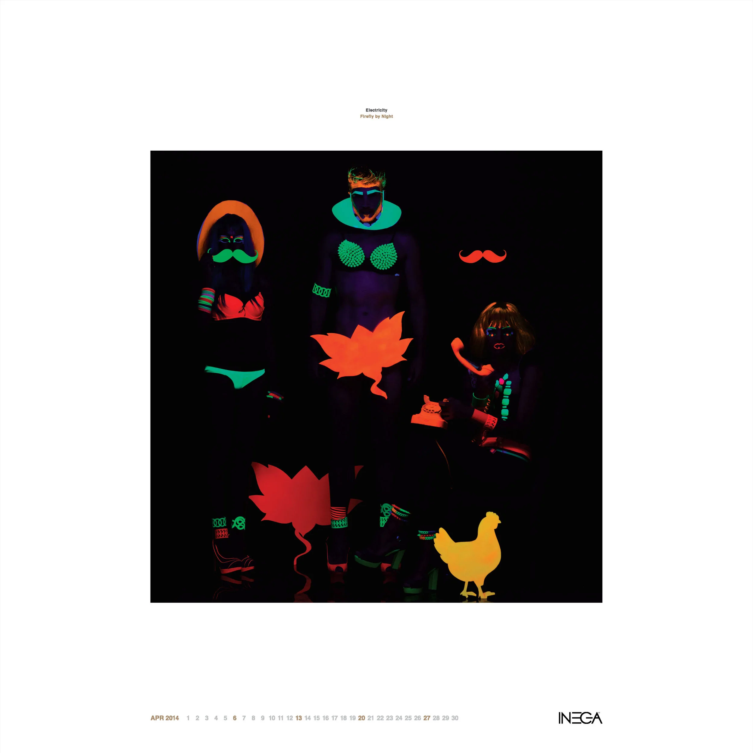 People wearing glow-in-the-dark accessories and clothing with neon colors under blacklight, with a black background and a yellow chick figure.