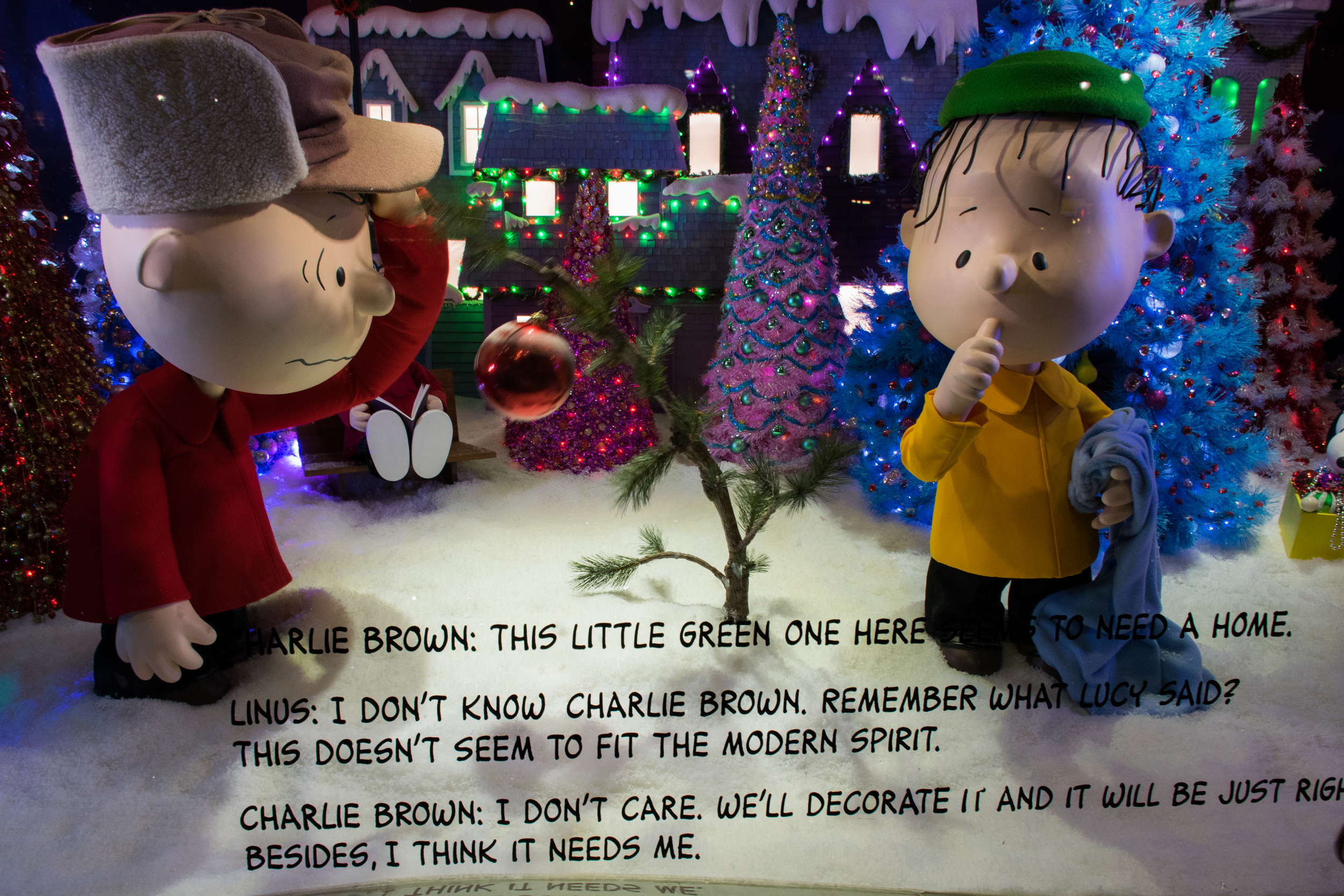 The classic Charlie Brown Christmas Tree in the Macy's Herald Square window display