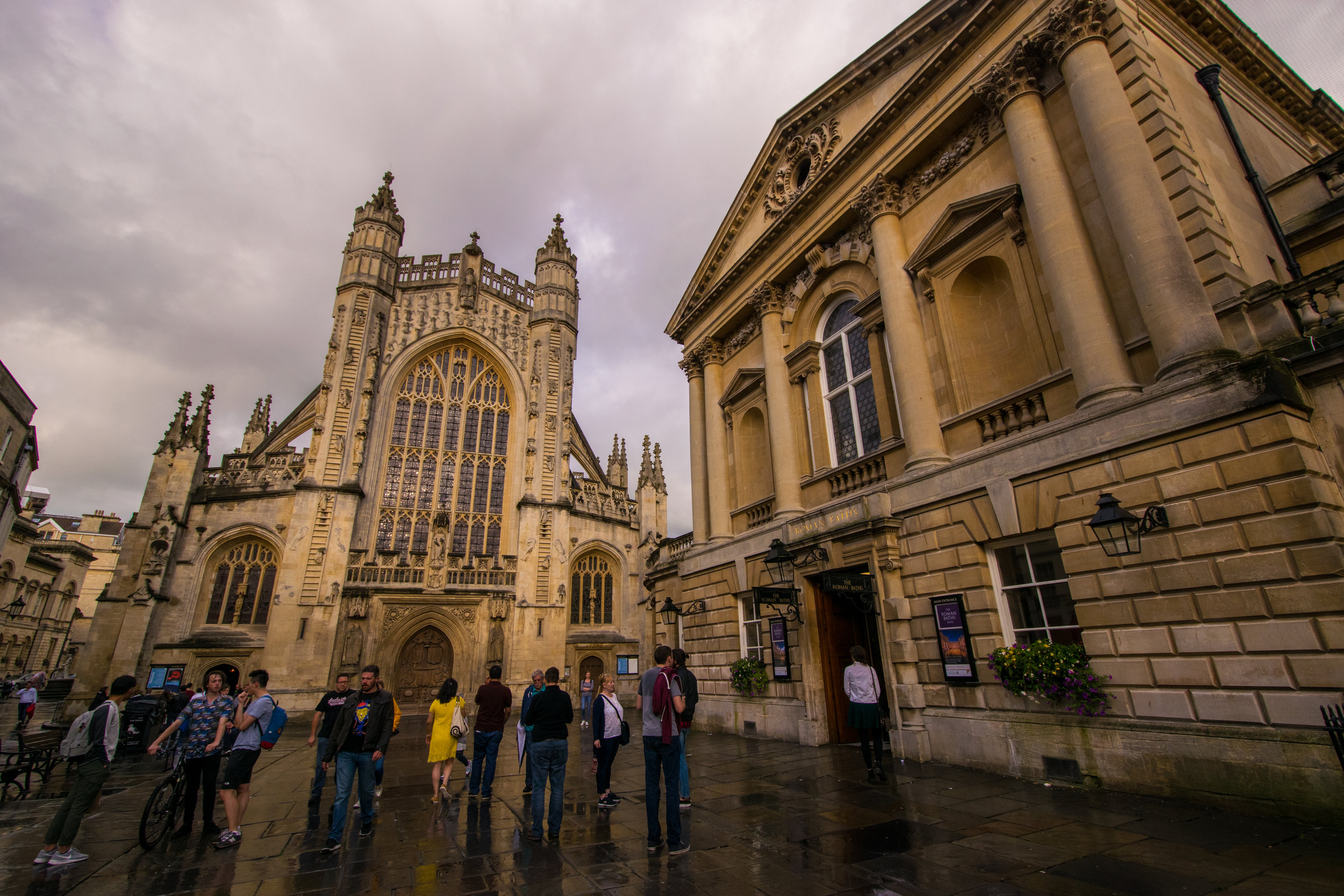 Left: Bath Abbey, Right: Roman Baths Entrance