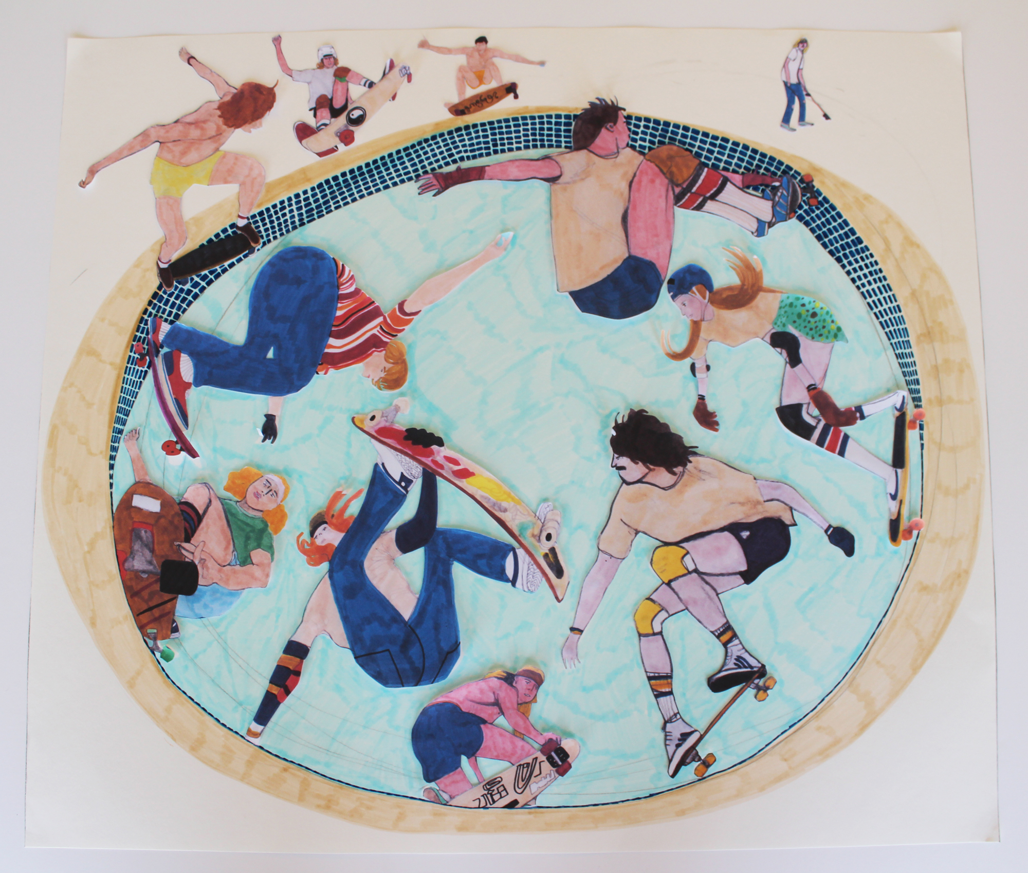 Pool Skaters - linocut composition - printed cutouts collaged onto paper