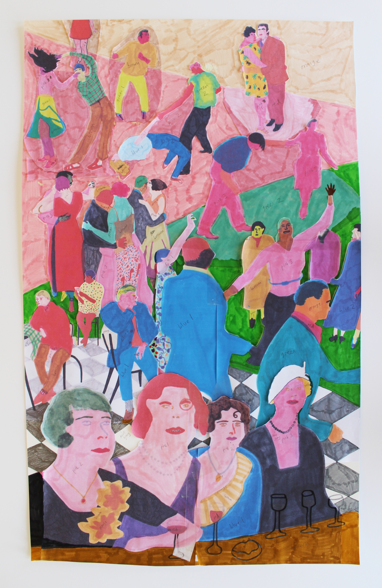 Jazz Club - linocut composition - printed cutouts arranged on paper