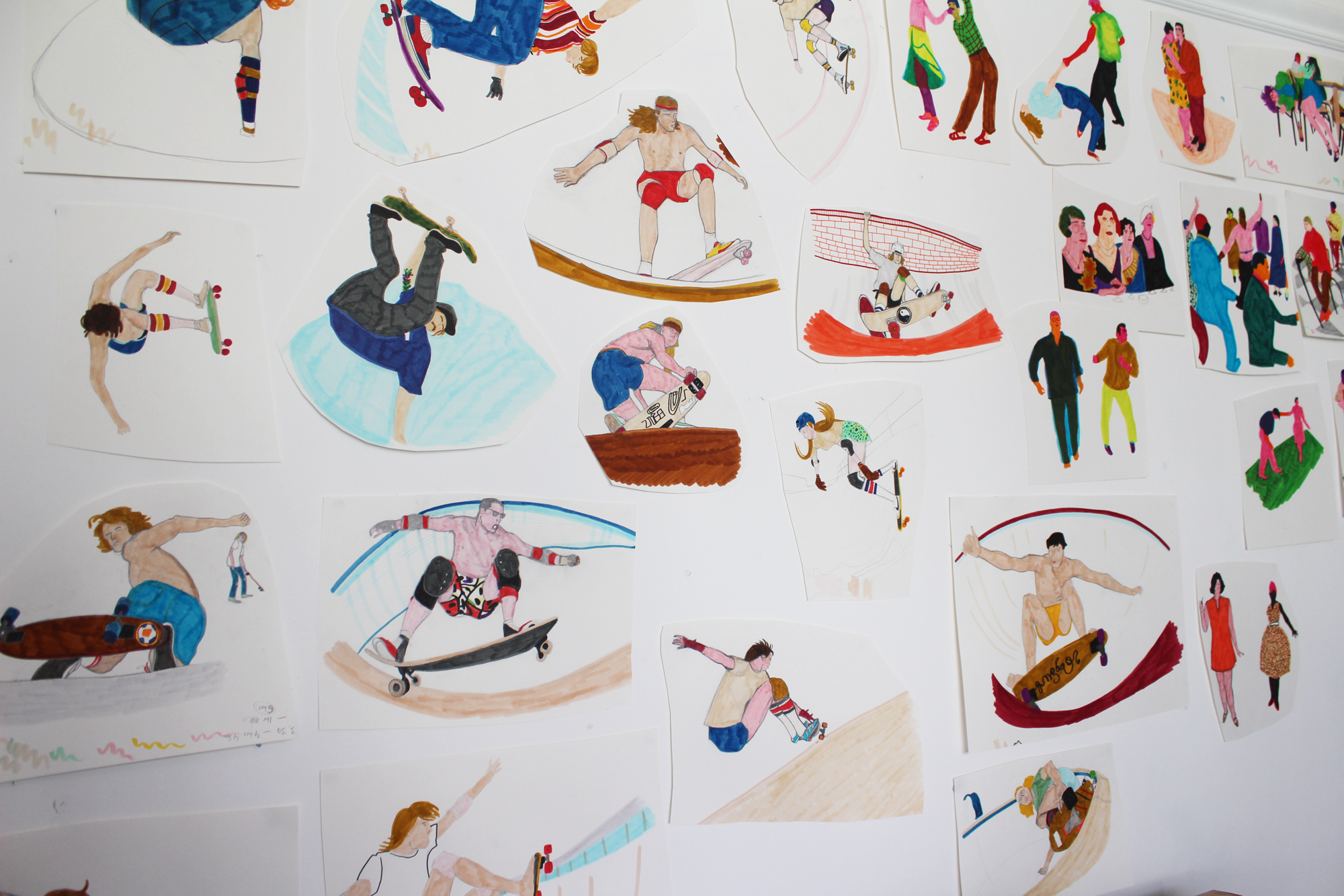 Pool Skaters and Jazz Club original drawings on studio wall