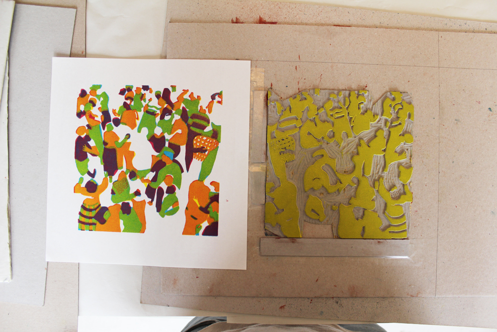 The print so far and the lino block to the right