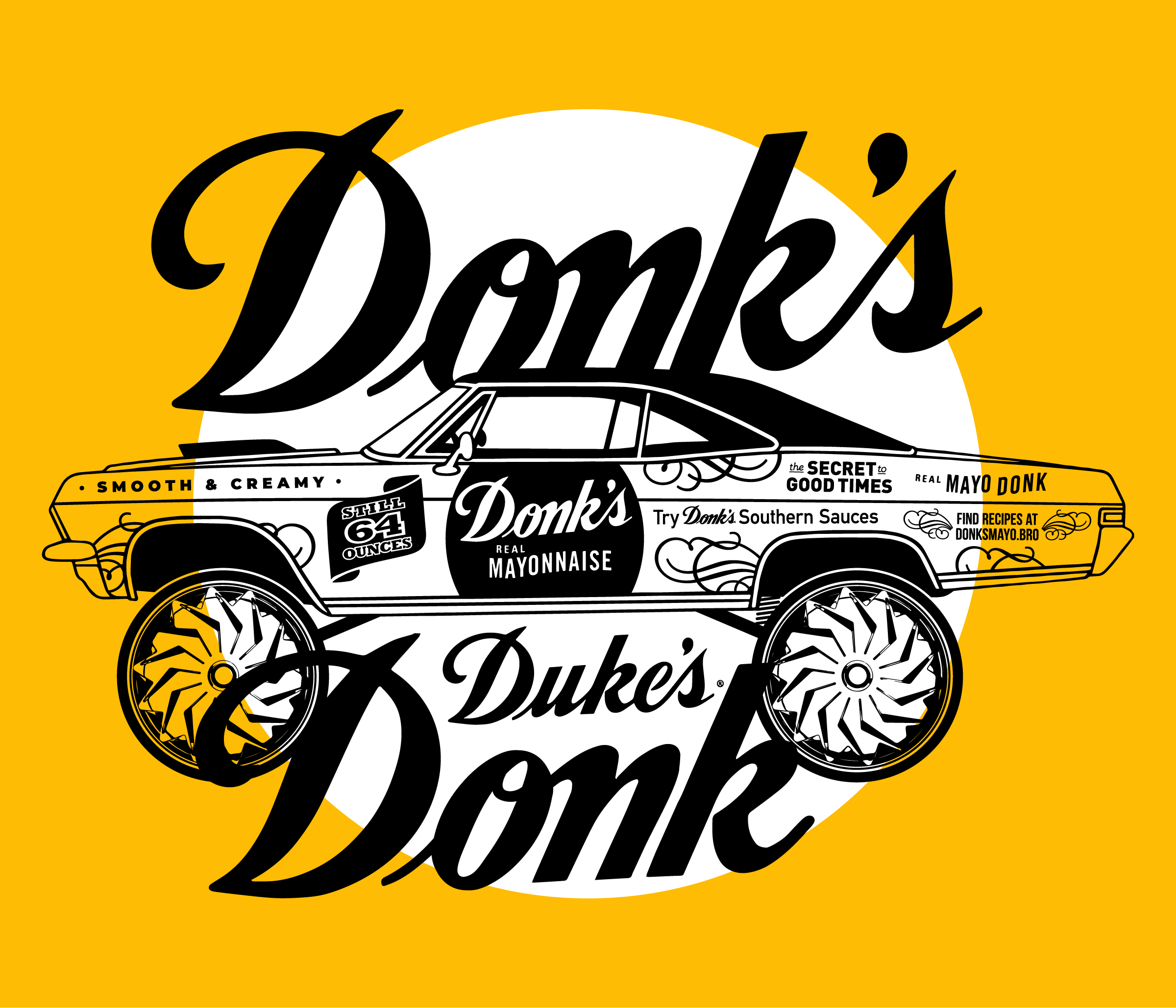 A stylized illustration of a car with various text and graphics related to Donk's, a brand or company, on a yellow background.