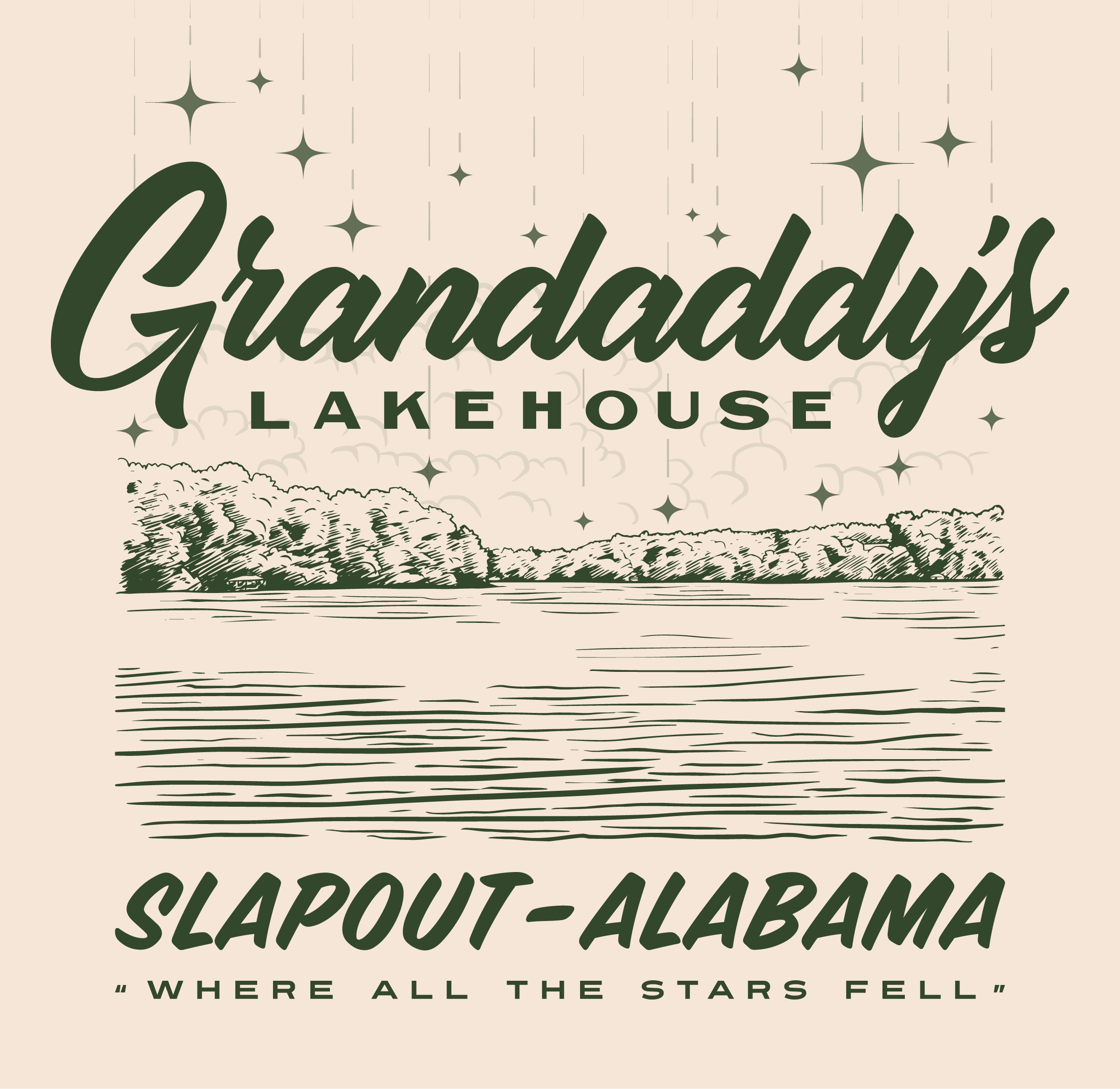 Decorative graphic with text reading 'Granddaddy's Lakehouse' and 'Slapout-Alabama', featuring stars, clouds, and landscape illustrations.