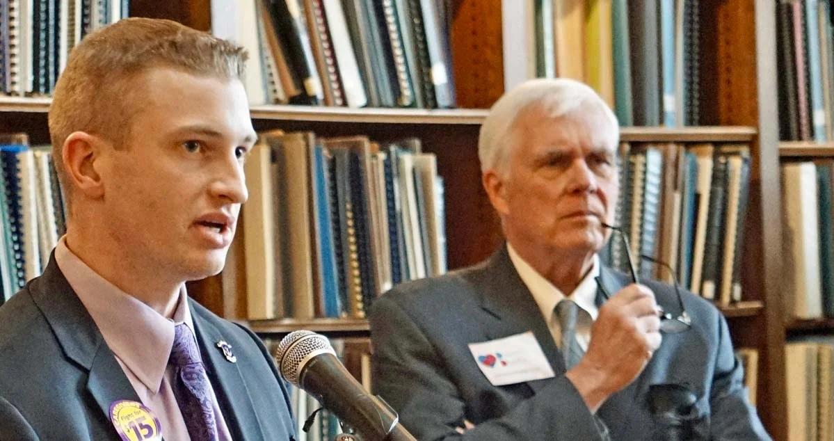 RI State Rep. Evan Shanley, D-WARWICK, Left, and George Nee, President of the RI AFL-CIO At the State House Library *** photos by anne Peters