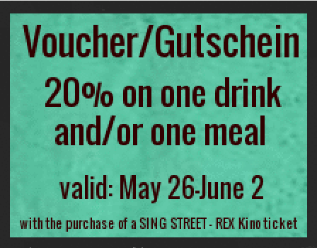With our Singer Songwriter Night our neighbours, the REX KINO http://www.rex-filmbuehne.de/inhalt/rex/plan - are premiering “Sing Street” today and for the next week until June 2. When you buy a cinema entrance for “Sing Street” you will receive a Fiddlers voucher/Gutschein! Irish director John Carney (Once and Begin Again) describes Sing Street: Boy meets girl, girl unimpressed, boy starts band. Don’t miss your chance!