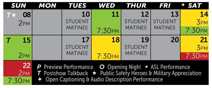 Red performances have limited availability, get your tickets today! Yellow shows are filling fast, while green performances have room for the whole family.