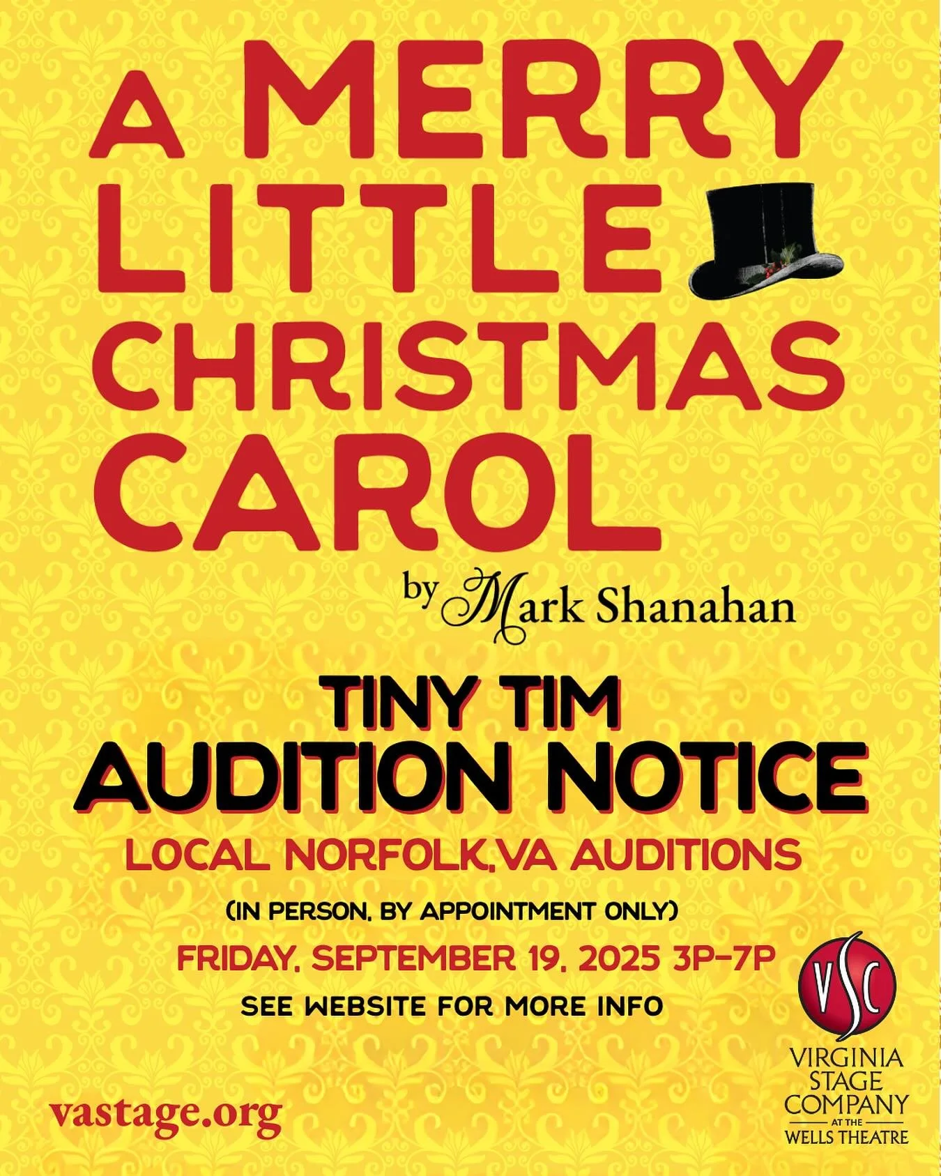 God bless us, every one! 🩼🎩
We&rsquo;re holding auditions for Tiny Tim in A Merry Little Christmas Carol and we&rsquo;d love to see the talented kids of Hampton Roads take the stage. 

Details and sign-up info can be found here ➡ vastage.org/auditi