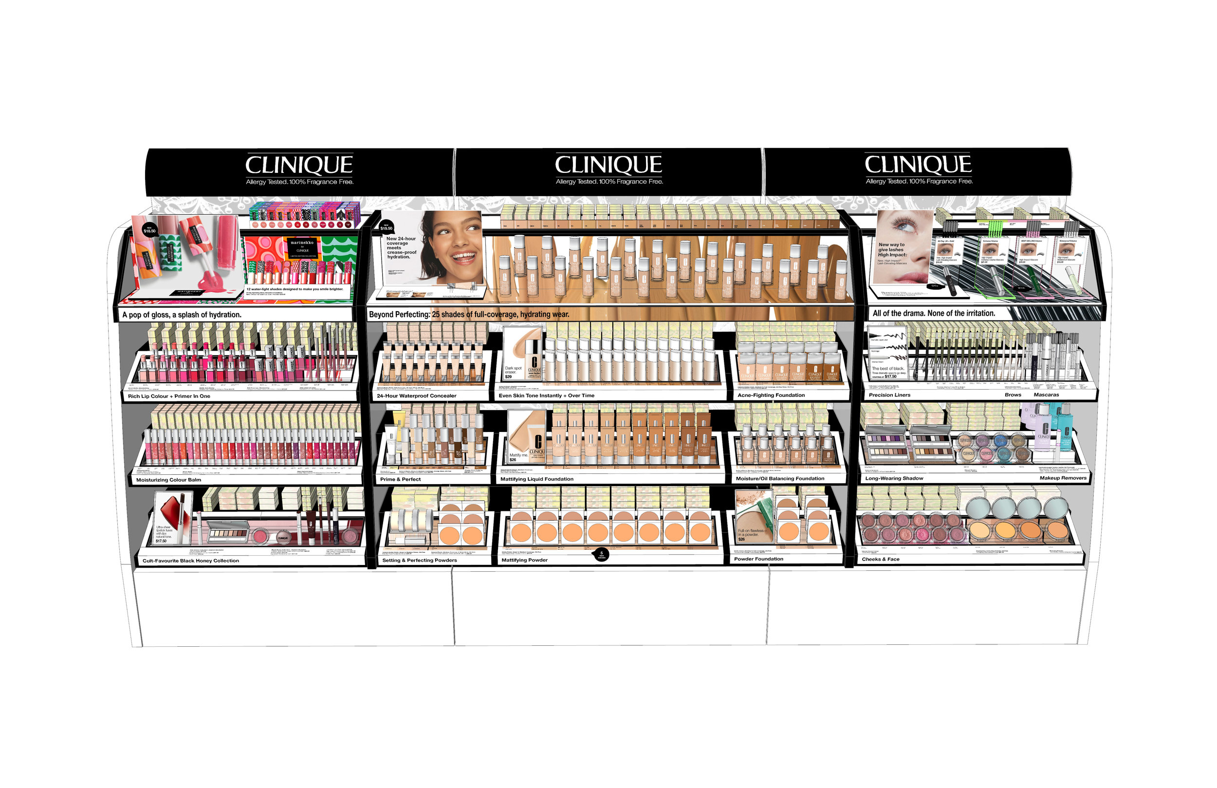 Clinique has hundreds of products in thousands of stores, which means organization was key when bringing new products into the mix or highlighting certain areas.