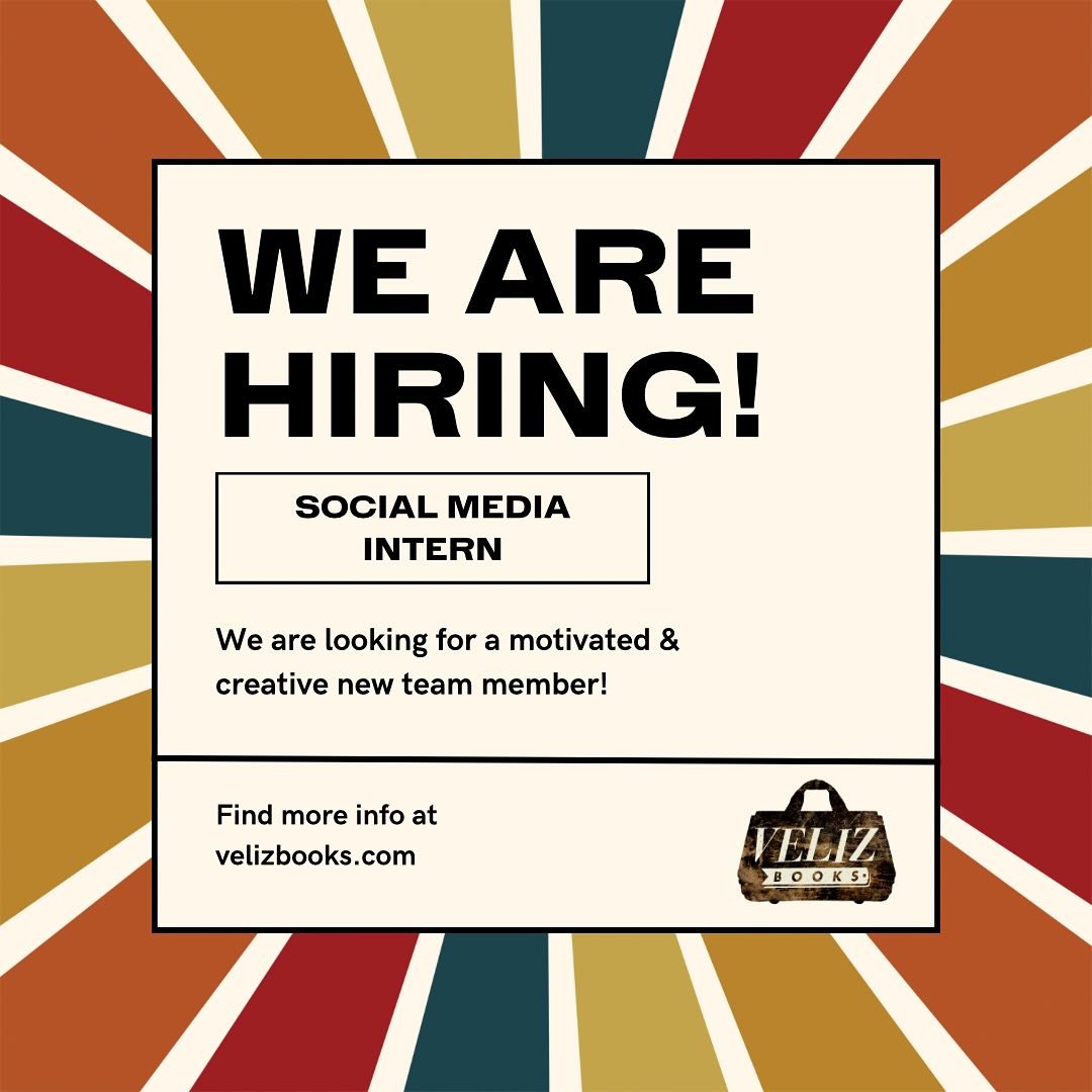 🚨EXCITING NEWS!!!🚨
Veliz Books is looking for a new social media intern! Duties include running our social media accounts, writing newsletters, and working with the publicity manager to strategize ways to increase engagement and growth. Please feel