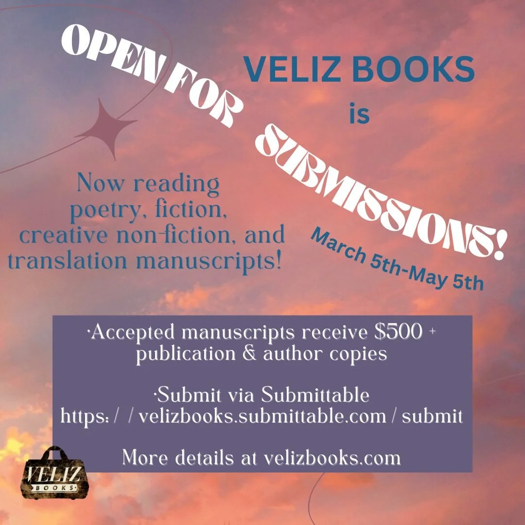 We are OPEN for submissions! Send us your poetry, fiction, nonfiction, or translation manuscripts! Word count &amp; more details can be found via the link in our bio. #velizbooks #submittable #manuscript #openforsubmissions #velizbooksauthors