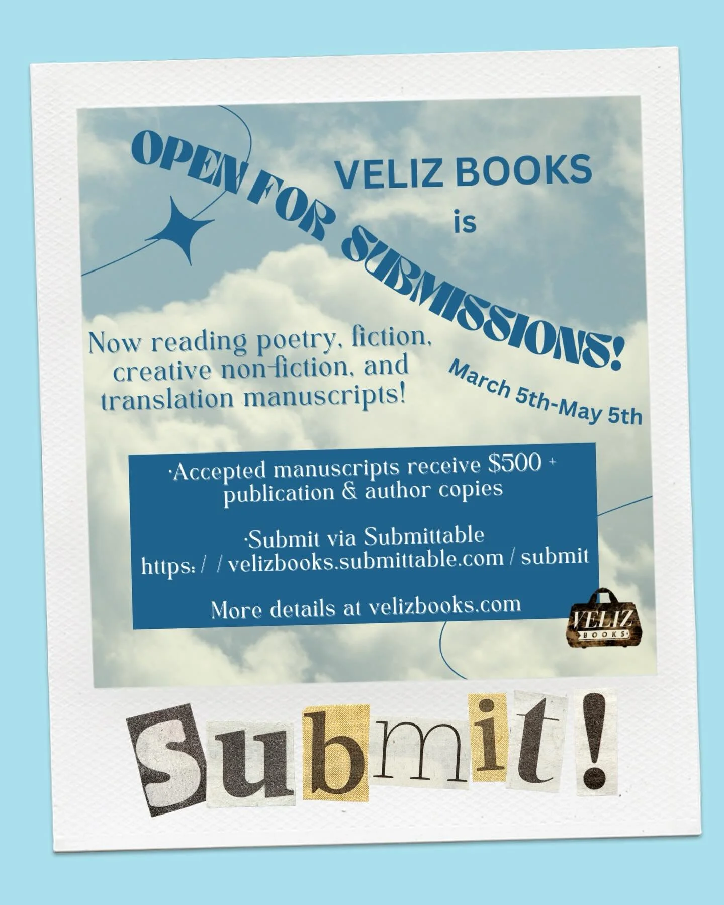 Is your manuscript ready for the next step?! Veliz Books is open for submissions until May 5th! We accept fiction, creative nonfiction, poetry, and work in translation. Please go to velizbooks.com for more details! We hope to see your name in our Sub
