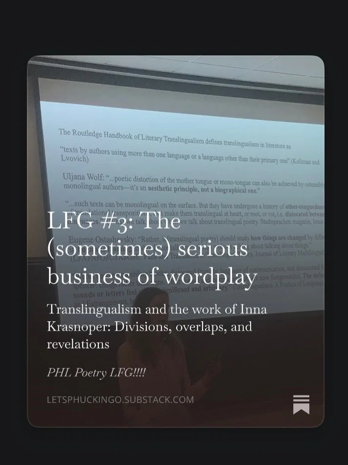 Thanks to @phlpoetrylfg for this great essay about Veliz Books poet Inna Krasnoper and her work! The full essay is available at @phlpoetrylfg / Substack. 

&ldquo;Staff writer Chris DeMento is back with an essay exploring translingualism, inspired by