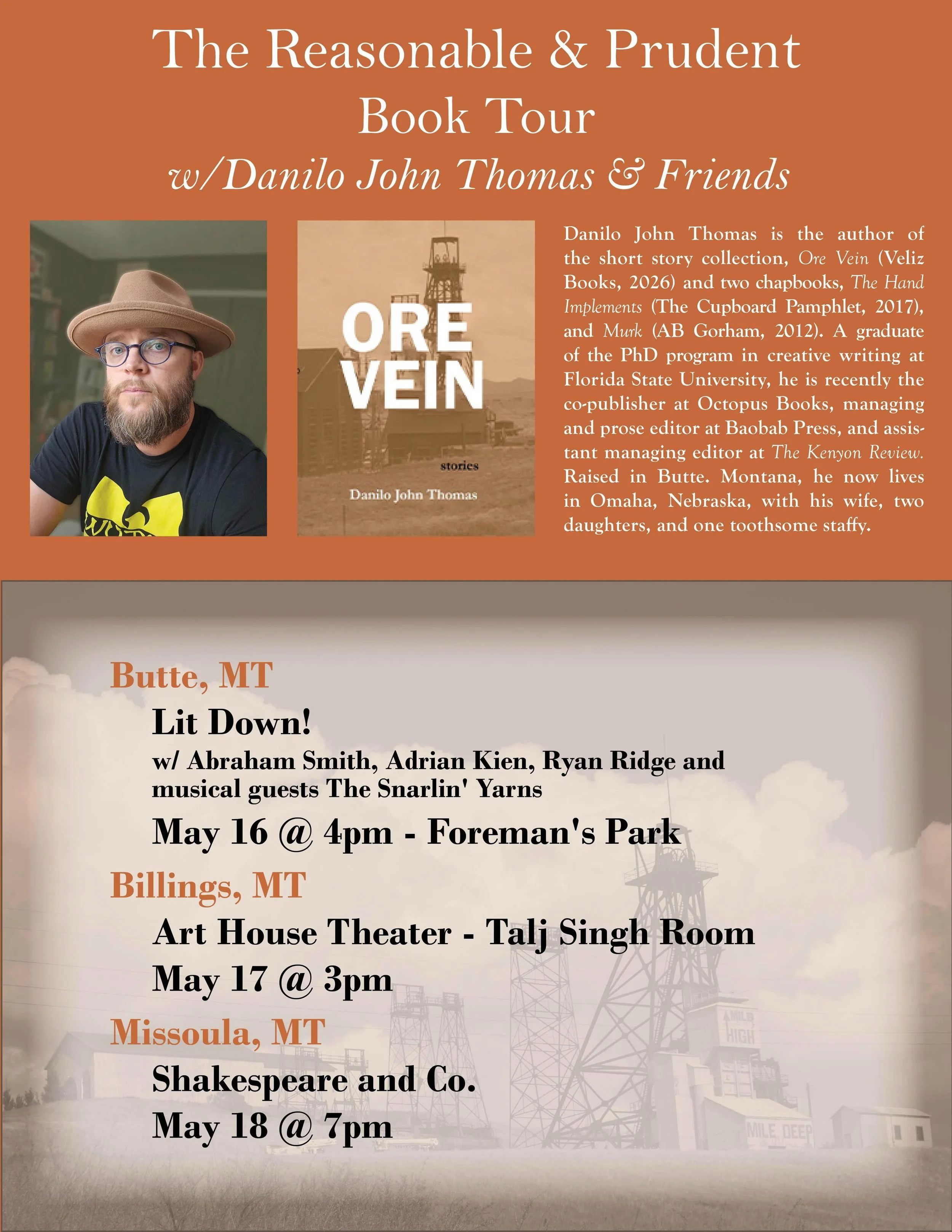 Veliz Books author @danilo.j.thomas is going on tour! If you live in or around Montana, we highly recommend you stop by!

ORE VEIN, the debut short story collection by Danilo John Thomas, explores the thin spaces between hardship and heroism prevalen
