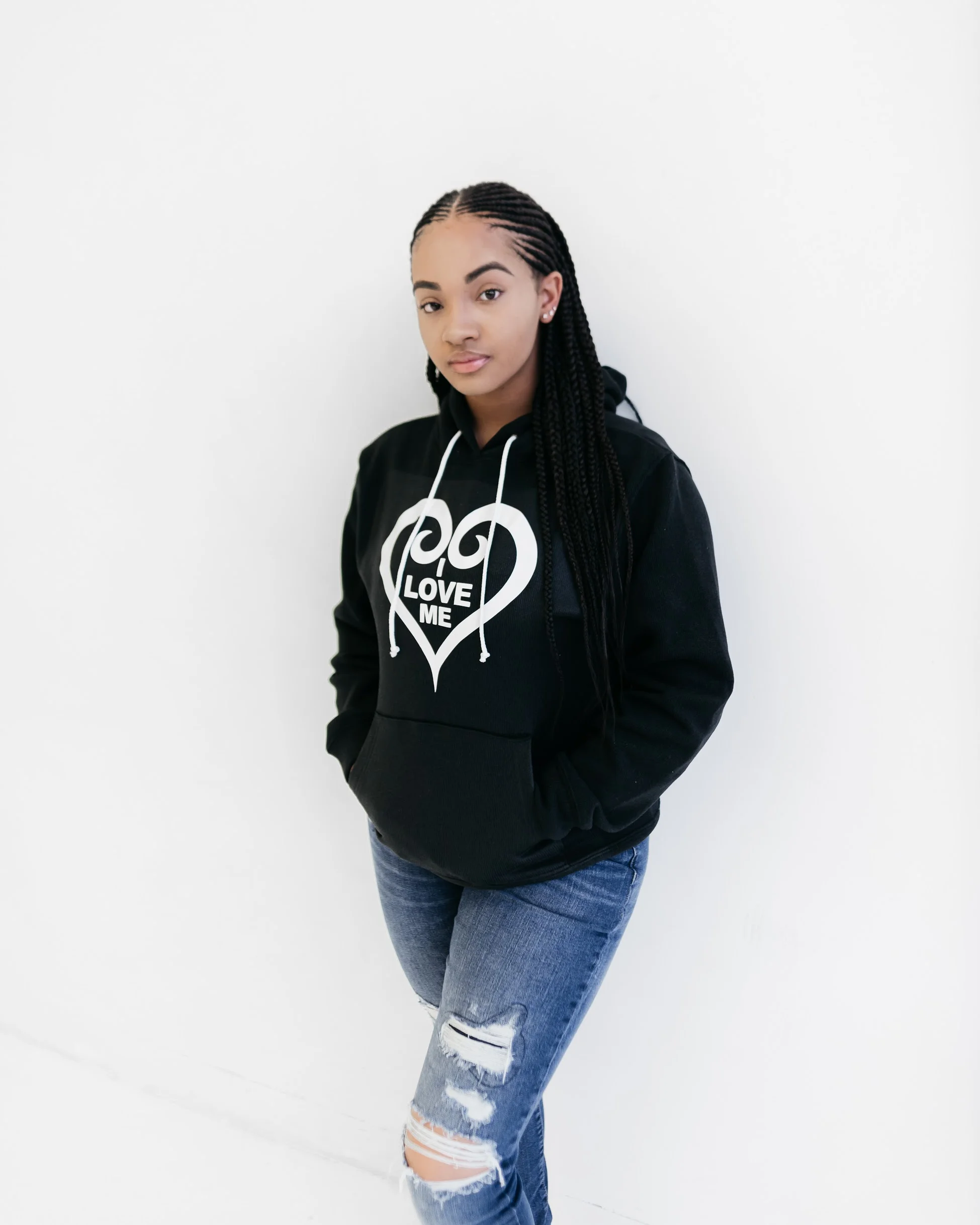I Love Me Black Hoodie, White Heart