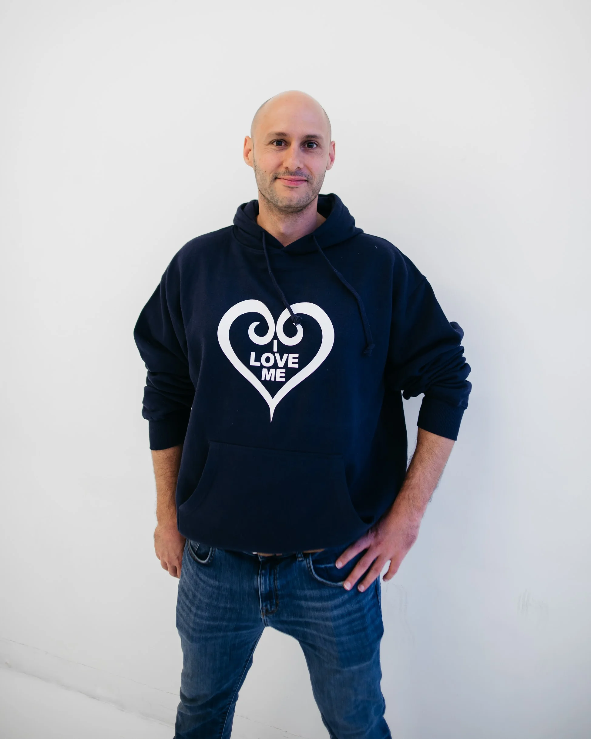 I Love Me Navy Blue Hoodie, White Heart