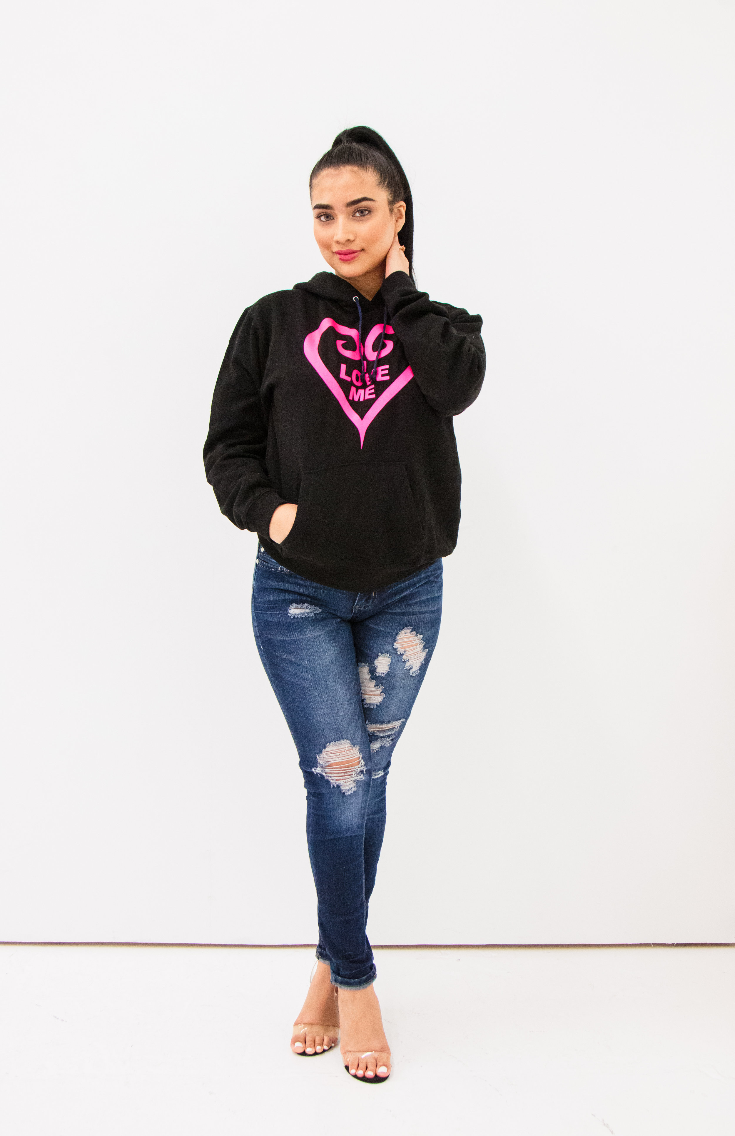 I Love Me Black Hoodie, Hot Pink Heart