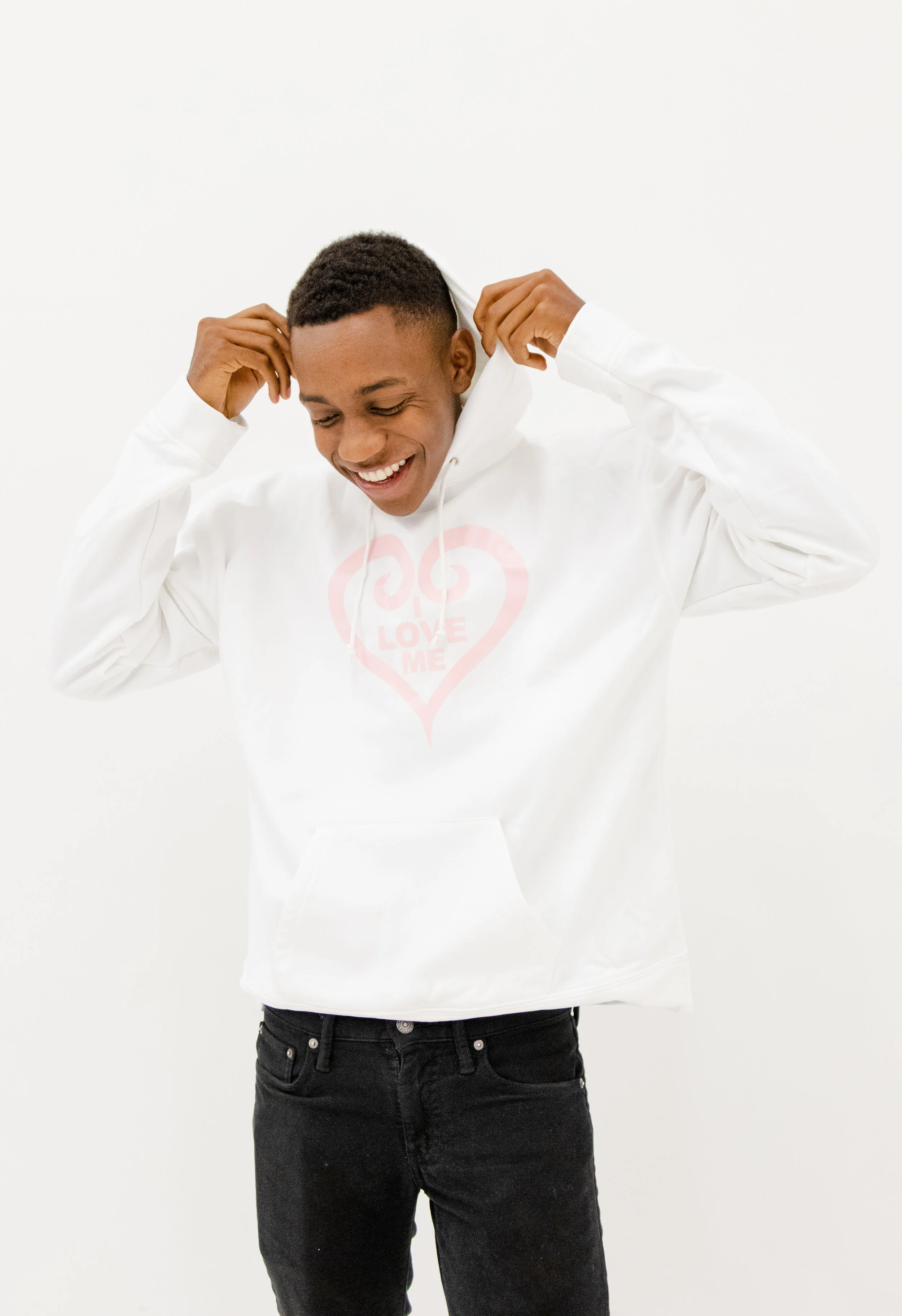I Love Me White Hoodie, Soft Pink Heart