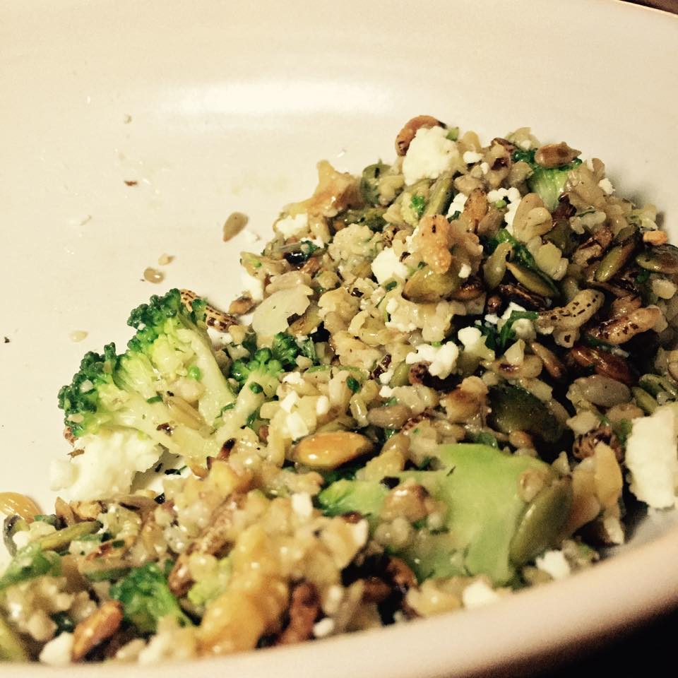 Chopped broccoli, puffed grains, walnut & sheep’s feta 