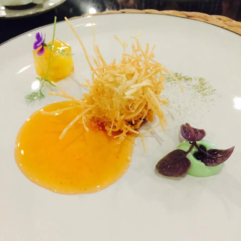 Mango Pudding, Deep Fried Scallop on Strawberry and Sweet Chili Sauce and Wasabi.