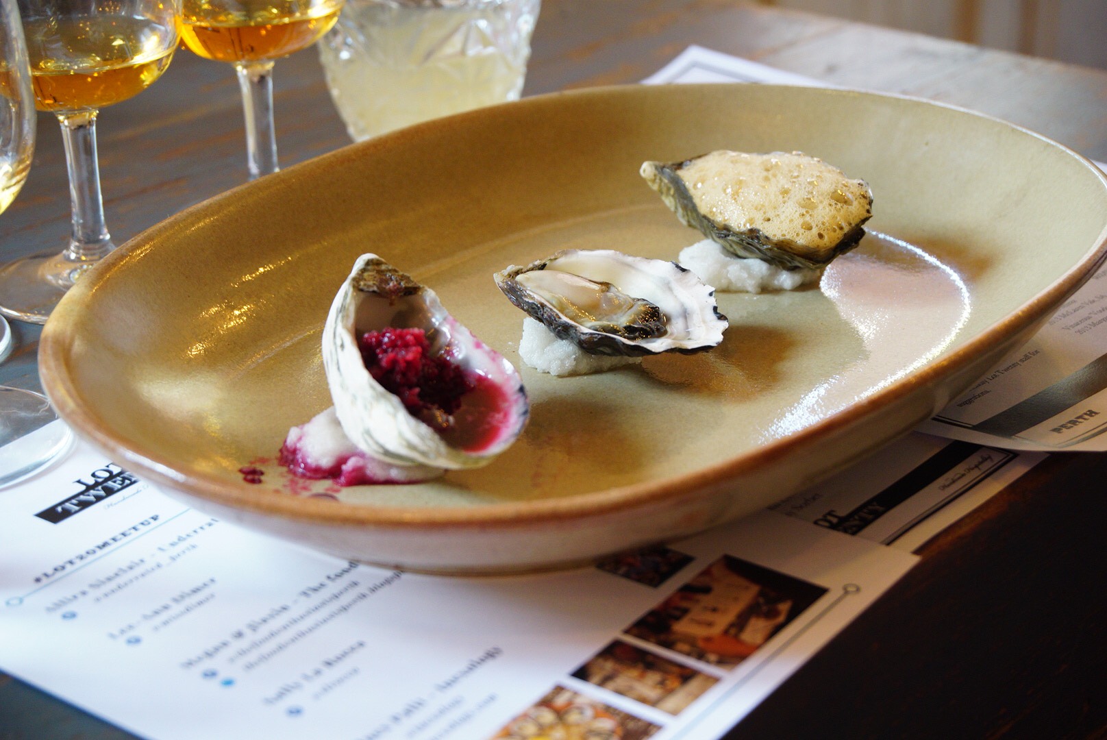 Oysters with beetroot granita, natural and espresso foam