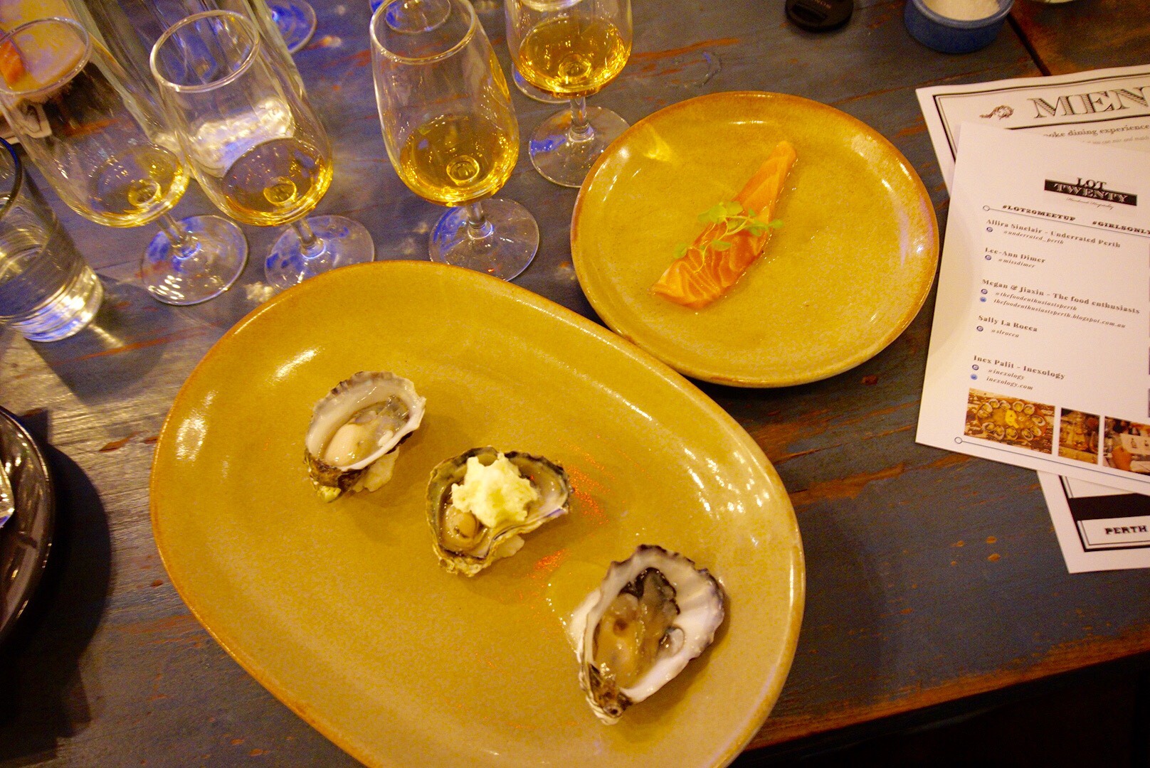Cold smoked oyster with horseradish cream, plus sashimi salmon with vanilla oil