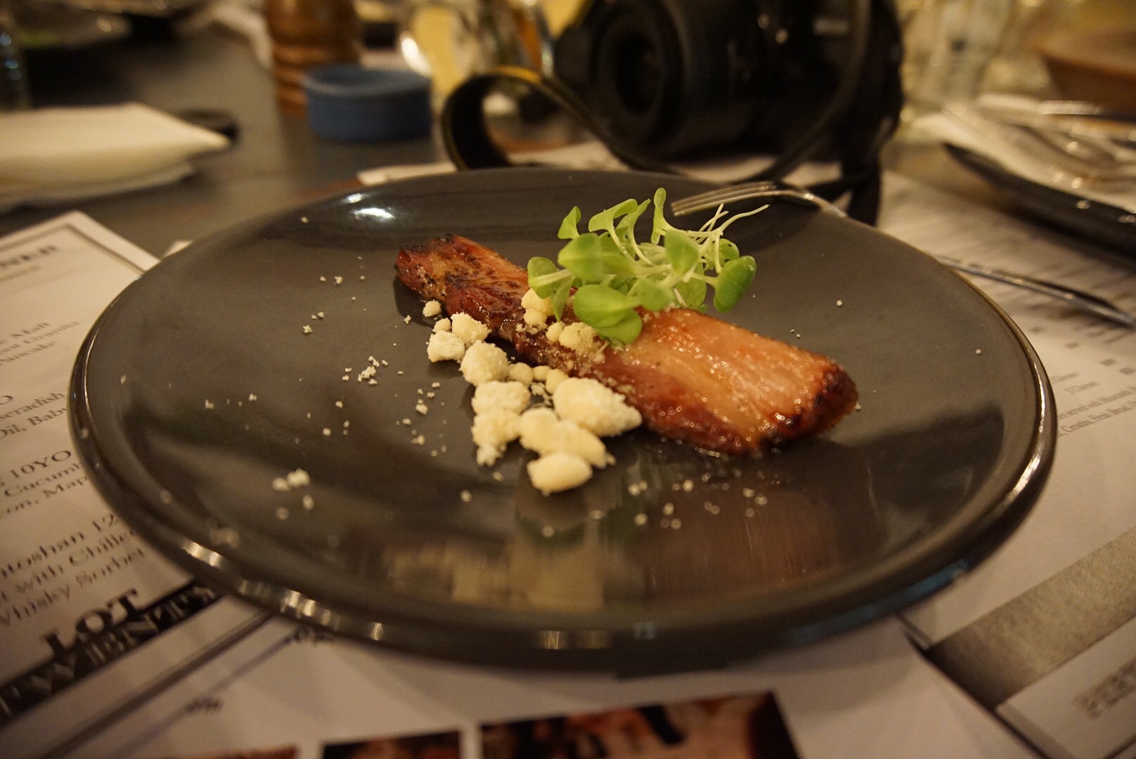 Maple glazed bacon with maple nougats