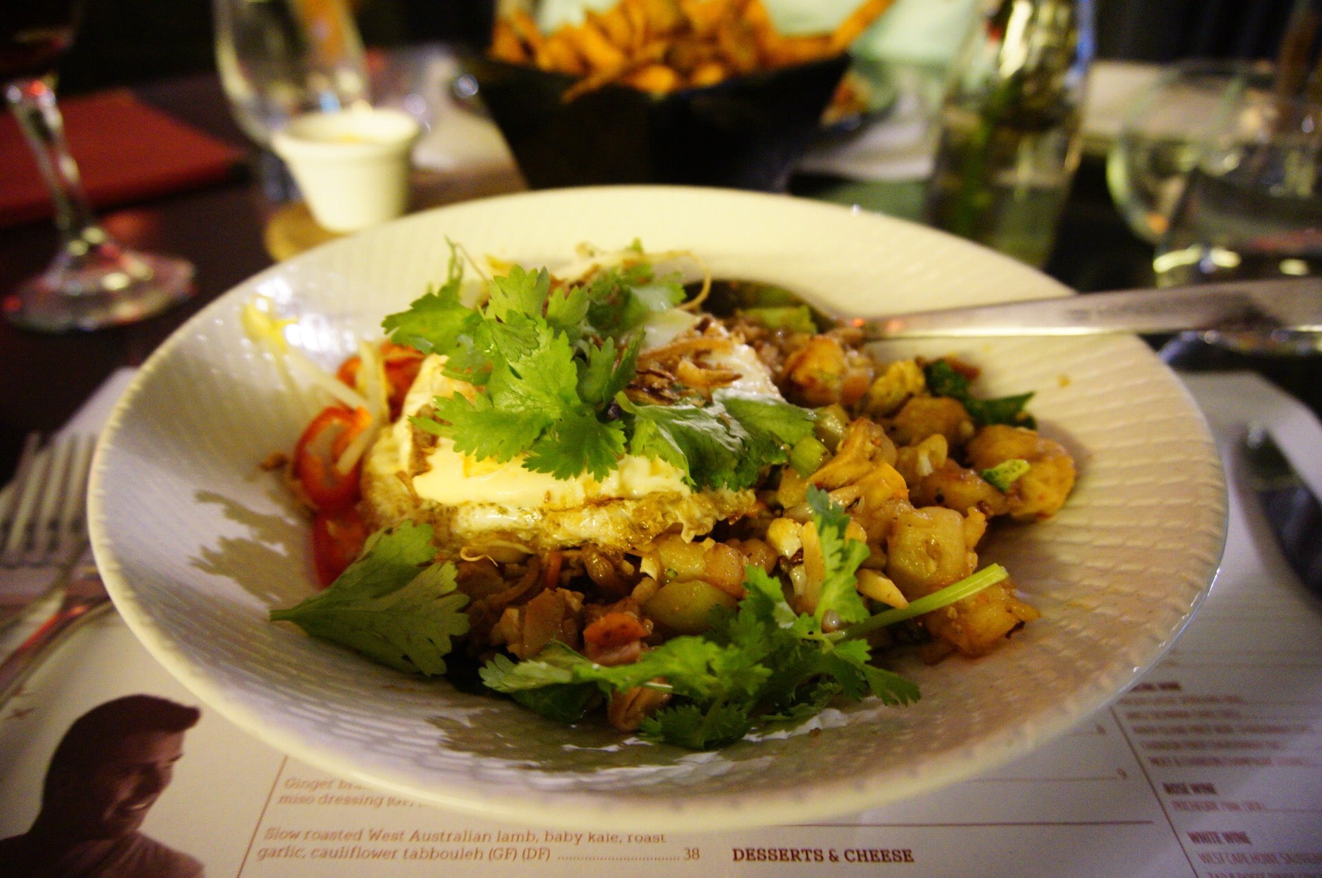Nasi goreng with chicken, pancetta, prawns, cauliflower rice and free range hens egg (GF)