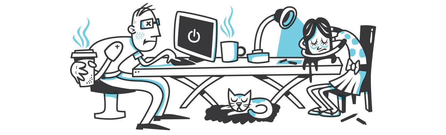 Office worker holds coffee while co-worker and cat sleep.