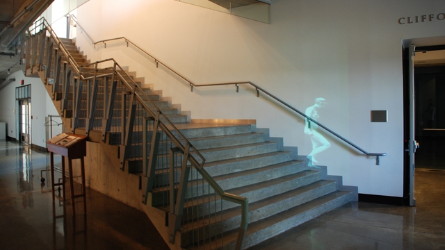 Digital Studio 2 (Spring 2012) - Collaborative Projector Project "Nude Descending a Staircase" by Micah Belzberg, Andrew Schlenger, and Wesley Ratliff - still image from looping animation Art and Art History Department, Colgate University