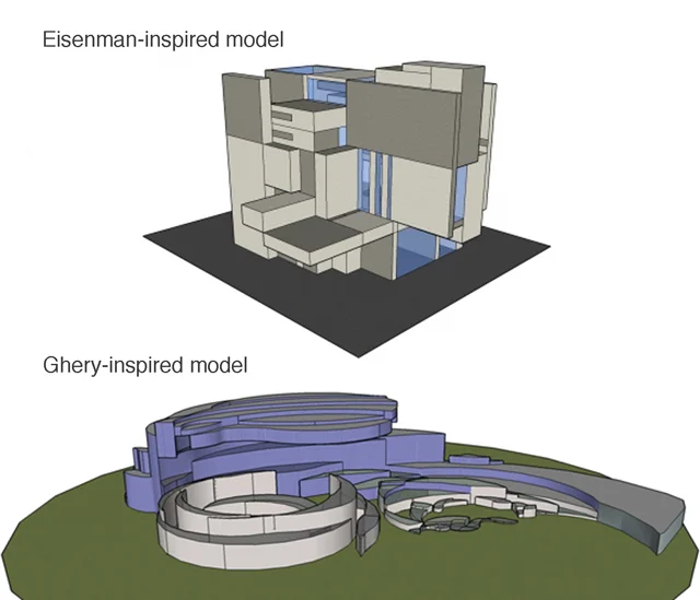 Digital Studio 2 (Spring 2012) - Independent Project "Eisenman and Gehry: Manipulations of a Still Life" by Wesley Ratliff An exploration of the contrasting architectural design processes of Peter Eisenman and Frank Ghery based on the concept of a "wave" and modeled in GoogleSketchUp Project blog Art and Art History Department, Colgate University